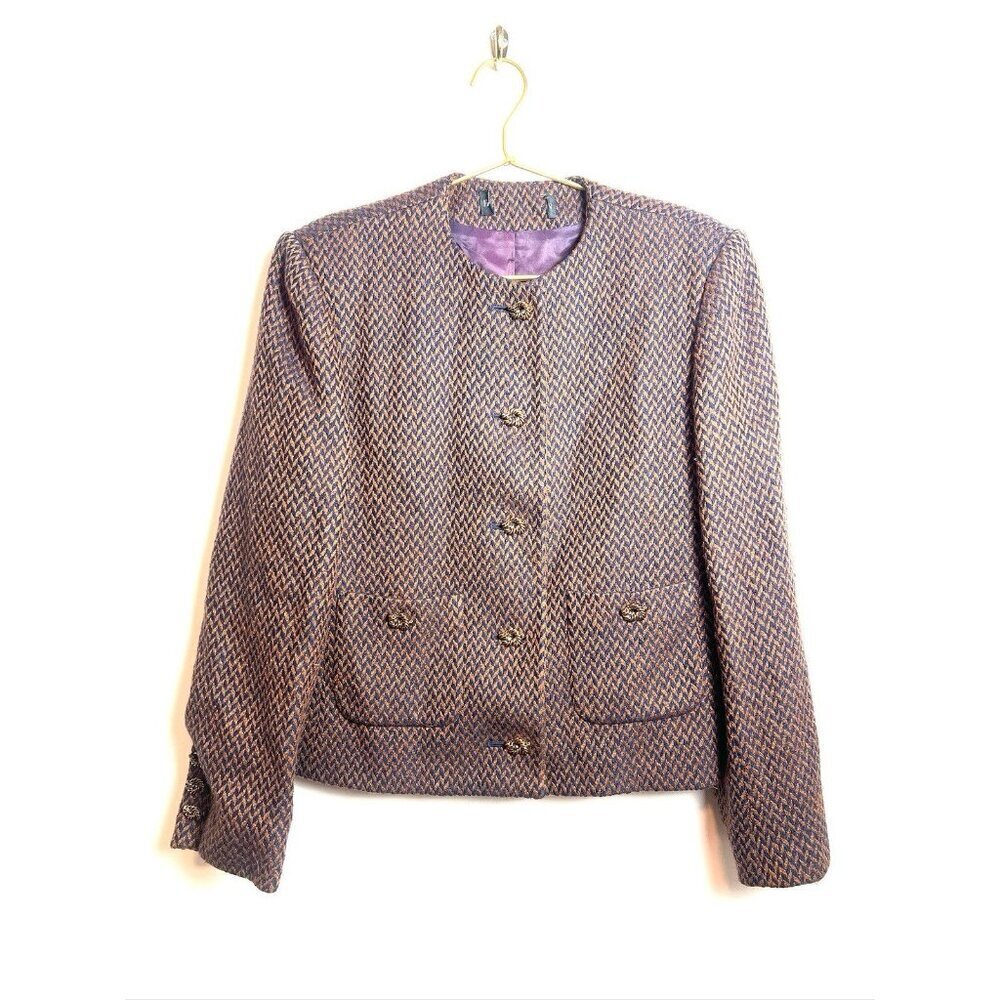 Vintage Wool Tweed School Blazer Brown Gold Buttons